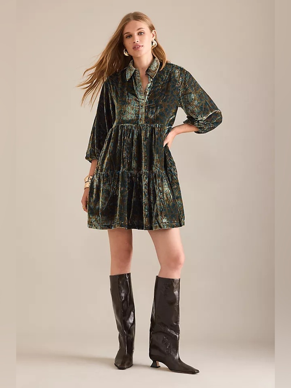 Anthropologie The Bettina Velvet Tiered Mini Shirt Dress by Maeve NWT